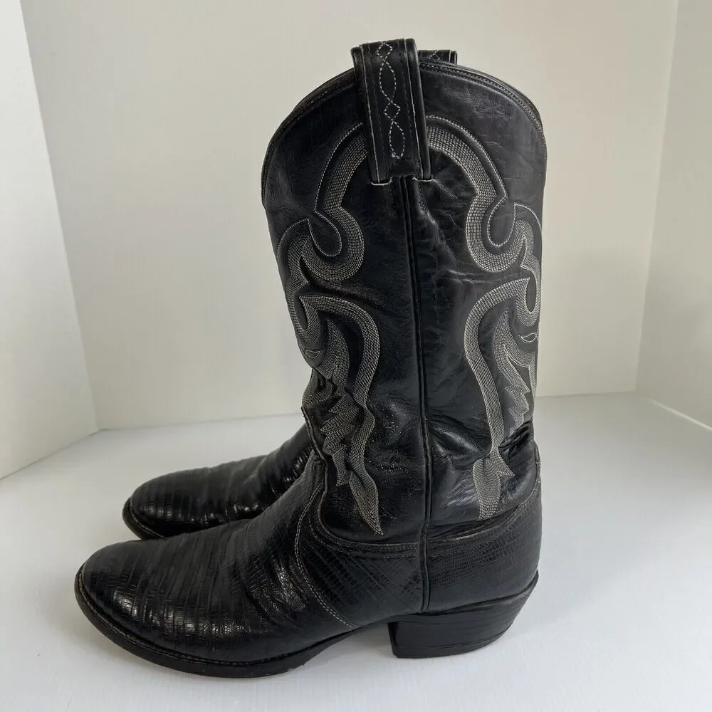 TONY LAMA MEN'S BLACK LEATHER & LIZARD WESTERN BOOTS Size 9 D USA MADE
